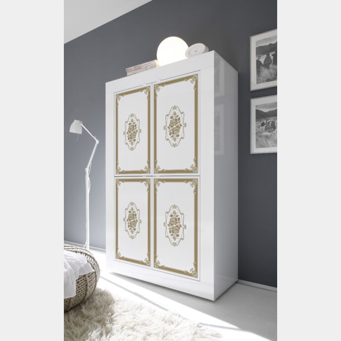 Vetrina chiusa 4 ante, bianco lucido con serigrafia dorata, Made in Italy