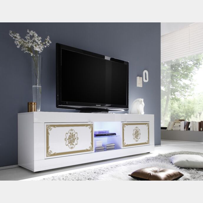 Porta TV, 2 ante, bianco lucido con serigrafia oro, Made in Italy