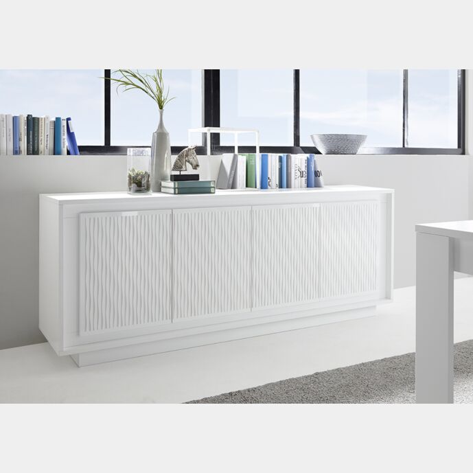 Credenza Moderna, Madia di Design, 4 ante, Bianco Opaco Serigrafia Sigaretta