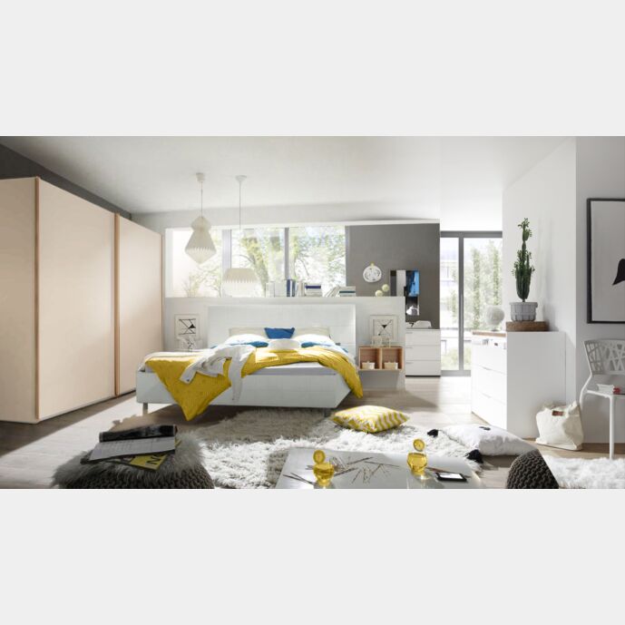 Camera moderna completa in finitura Noce Biondo, Orzo ed ecopelle bianca