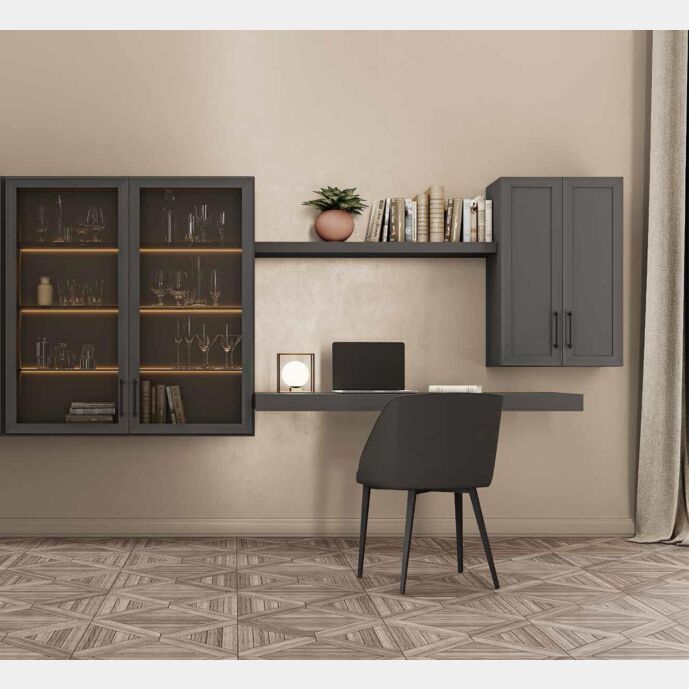 Zona studio con vetrina, finitura Grigio titanio