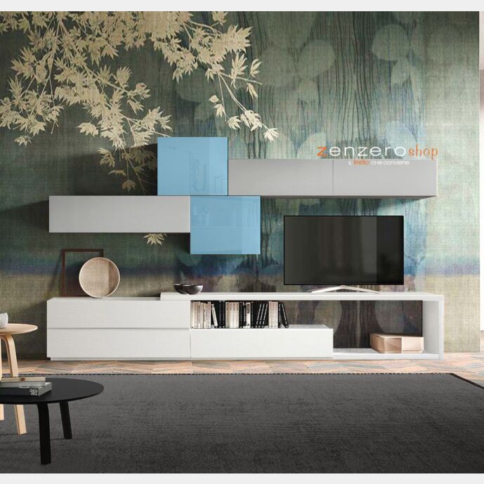 Parete attrezzata Isagel in finitura Bianco frassinato, Grigio opaco e Vetro azzurro