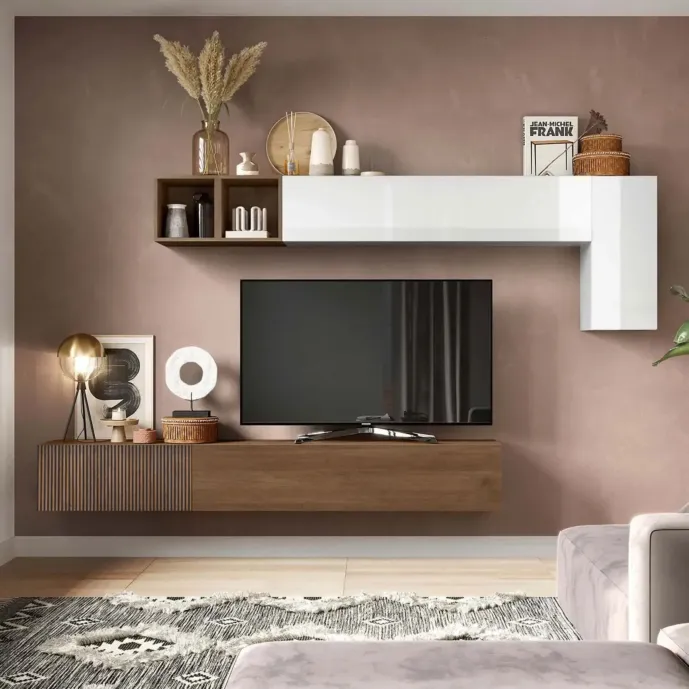 Parete attrezzata 276x30x180 h cm, Bianco lucido e Mercure cannettato, collezione Logica Zenzero Shop