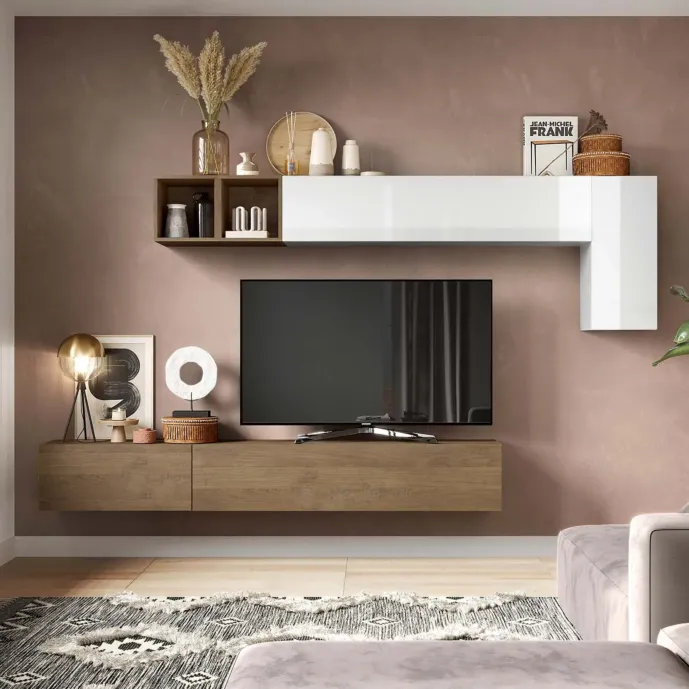 Parete attrezzata 276x30x180 h cm, Bianco lucido e Mercure, collezione Logica Zenzero Shop