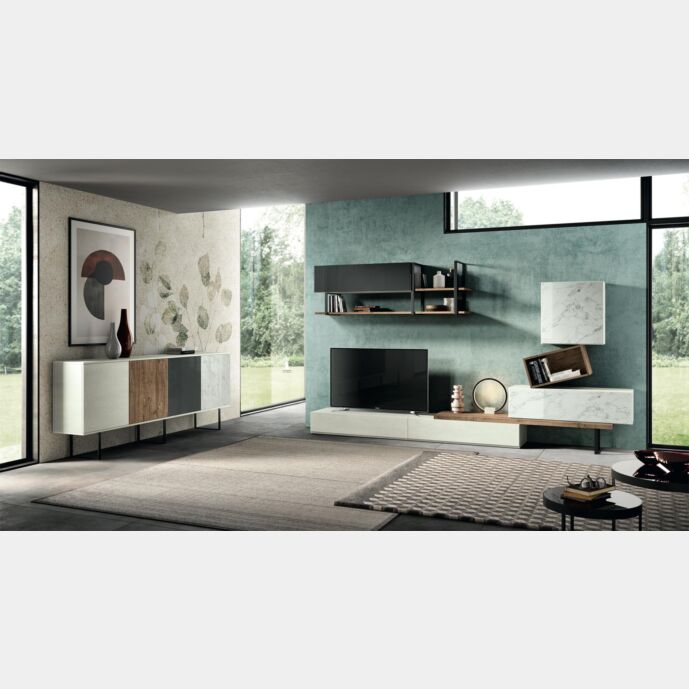 Soggiorno Delfino composto da parete attrezzata e madia in finitura Bianco Calce, Rovere nordico, Vetro marmo white e Vetro antracite