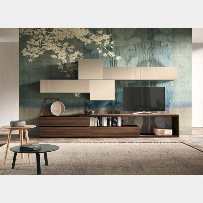 Parete attrezzata Giove in finitura Quercia brown, Terra opaco e Vetro corda