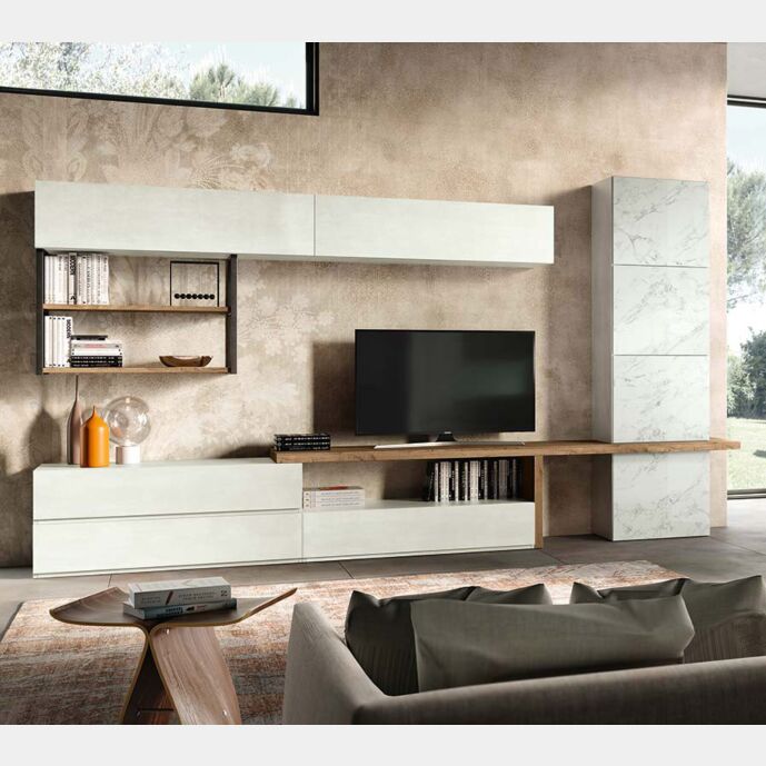 Parete attrezzata Saturno in finitura Bianco calce, Rovere nordico e Vetro marmo white