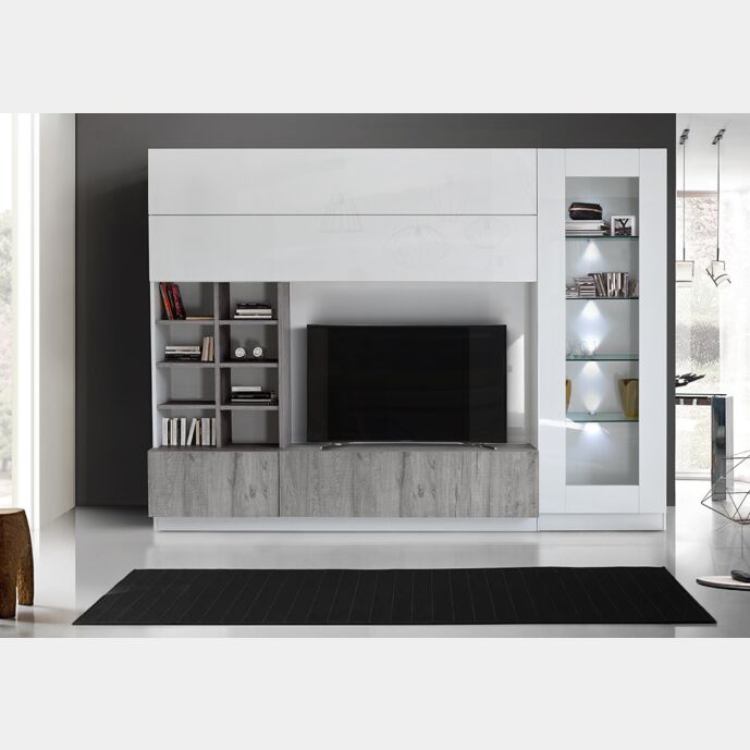 Parete attrezzata con vetrina e libreria in finitura grigia e bianco lucido