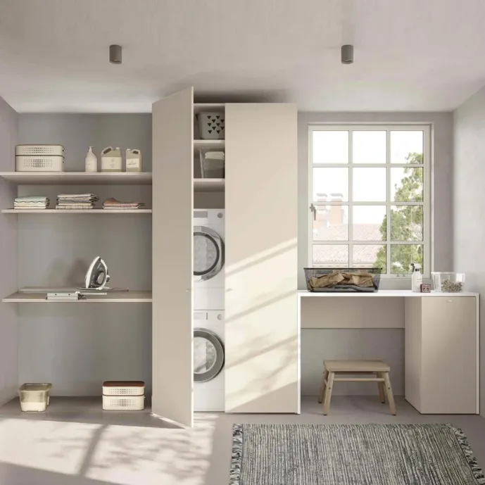 Mobile copri lavatrice e asciugatrice a 2 ante ante, finitura Desert e Bianco opaco