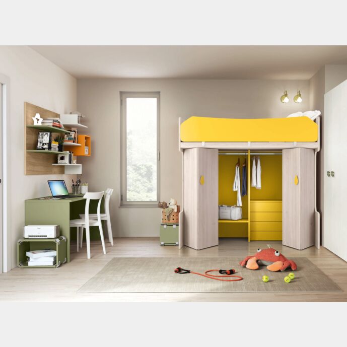 Letto a castello singolo con armadio, Noce brina e Miele