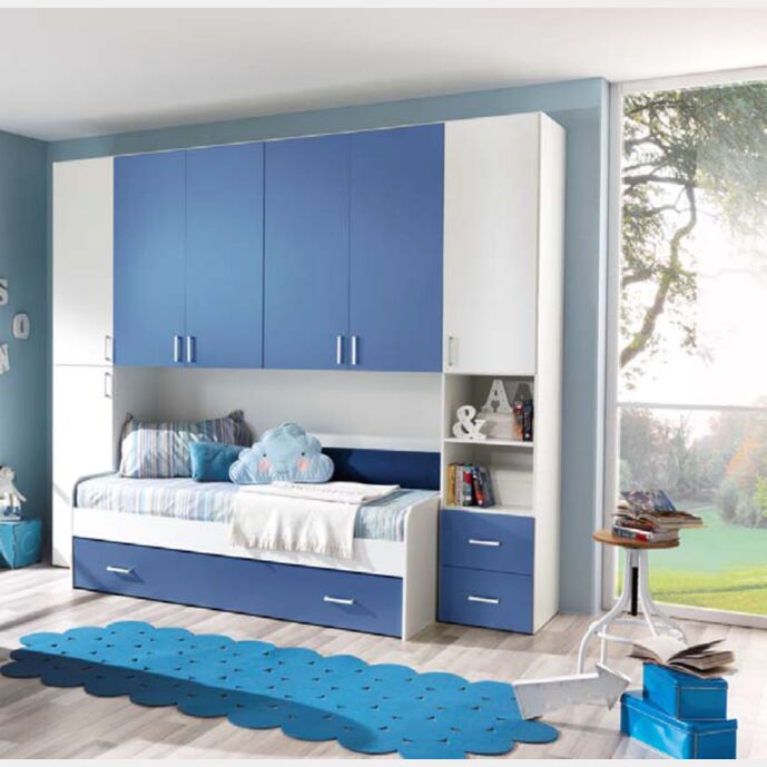 Cameretta a ponte con cassetti in finitura bianco frassinato e stratus