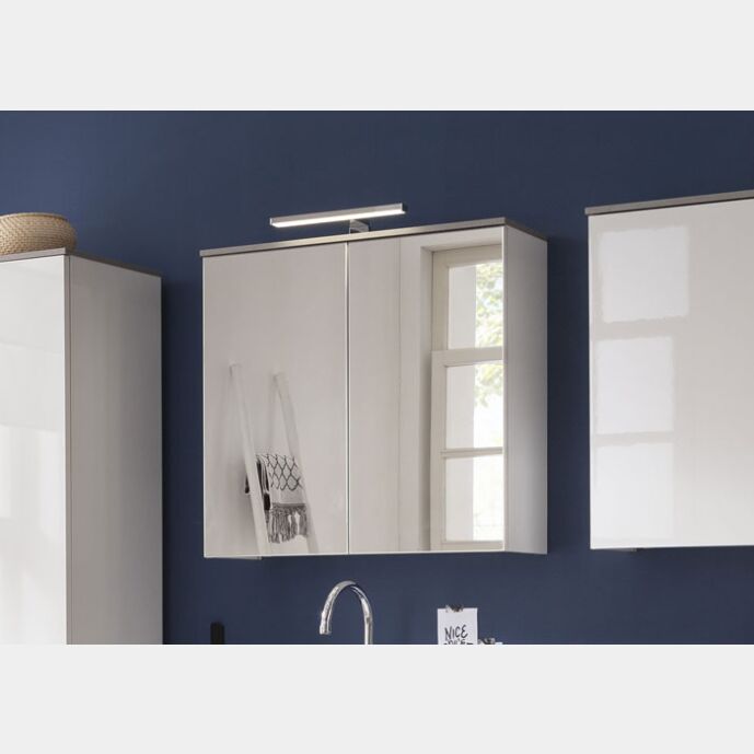 Pensile moderno a specchio, 2 ante, Bianco Laccato e top Grigio Cemento