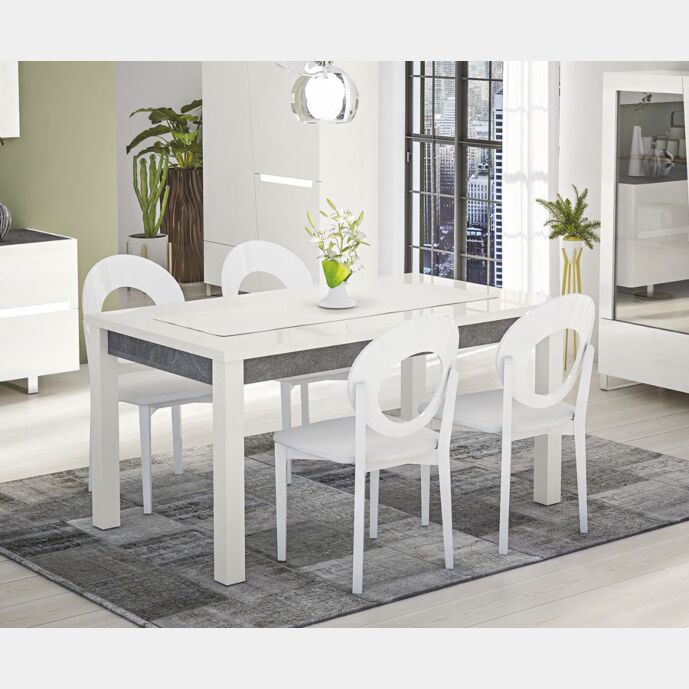 Tavolo fisso L.160, moderno, bianco lucido e grigio