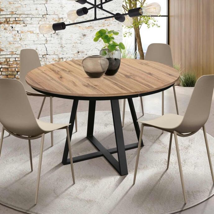 Tavolo allungabile con base in metallo colore nero, piano rotondo in nobilitato