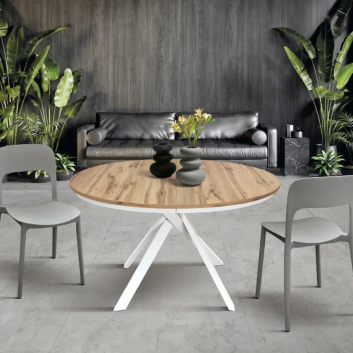 Tavolo rotondo allungabile, finitura Bianco effetto marmo