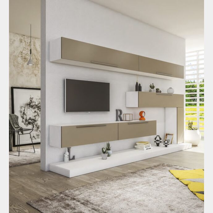 Parete attrezzata finitura Bianco Frassino, elementi sospesi e in appoggio con frontali in finitura Visone Zenzero Shop