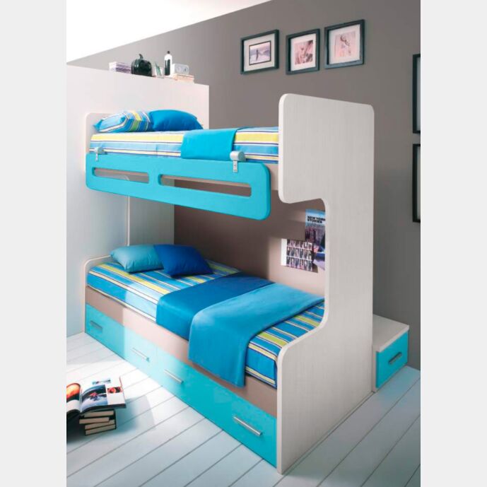 Letto a castello con passerella Riccardo laccato, in finitura Turchese e Tortora