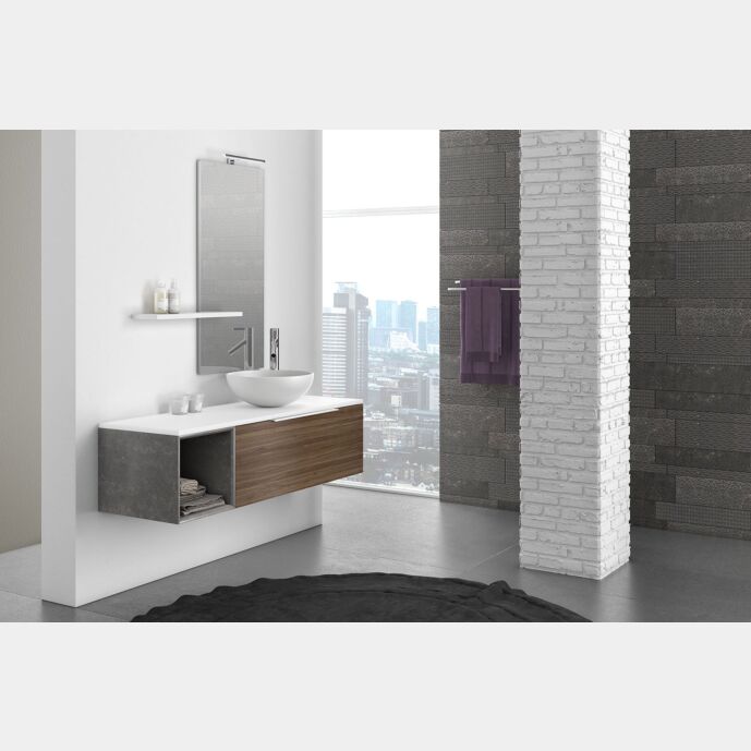 Composizione bagno sospesa Noce, Bianco con cubotto in pietra naturale Grigia