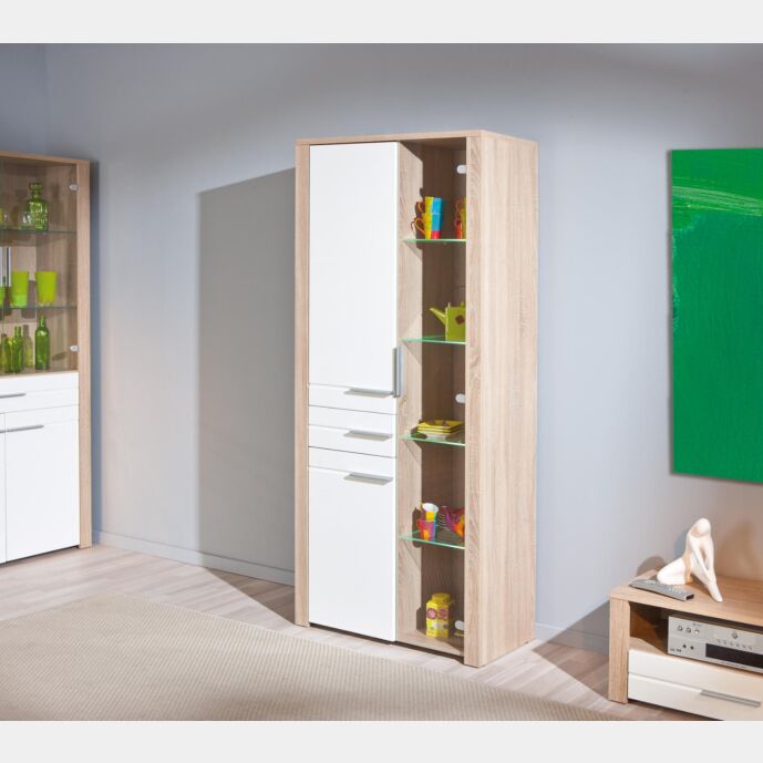 Vetrina Laminato Rovere e Bianco Laccato, con LED e ripiani in vetro temperato