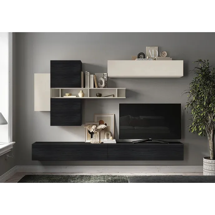 Parete Attrezzata 276x30x210 h cm, Cashmere e Nero frassinato- Logica Zenzero Shop