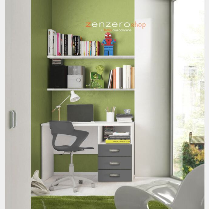 Scrivania con cassettiera e vano a giorno in finitura Grigio Titanio, Cemento Artico