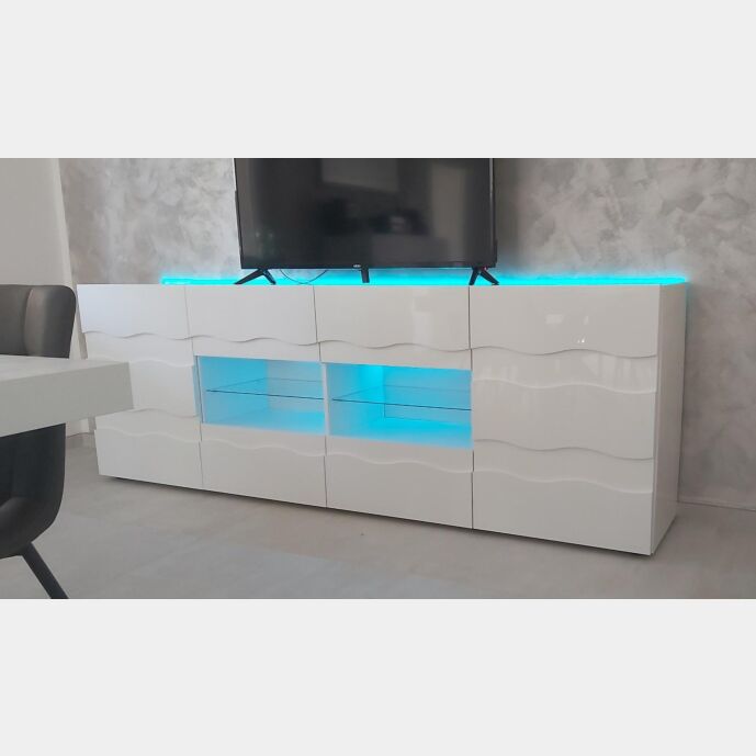 Credenza Madia onda a 2 ante 4 cassetti, finitura bianco lucido, design moderno