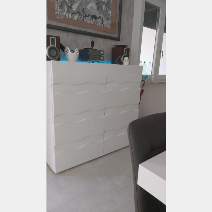 Credenza Madia contenitore onda a 2 ante, finitura bianco lucido, design moderno