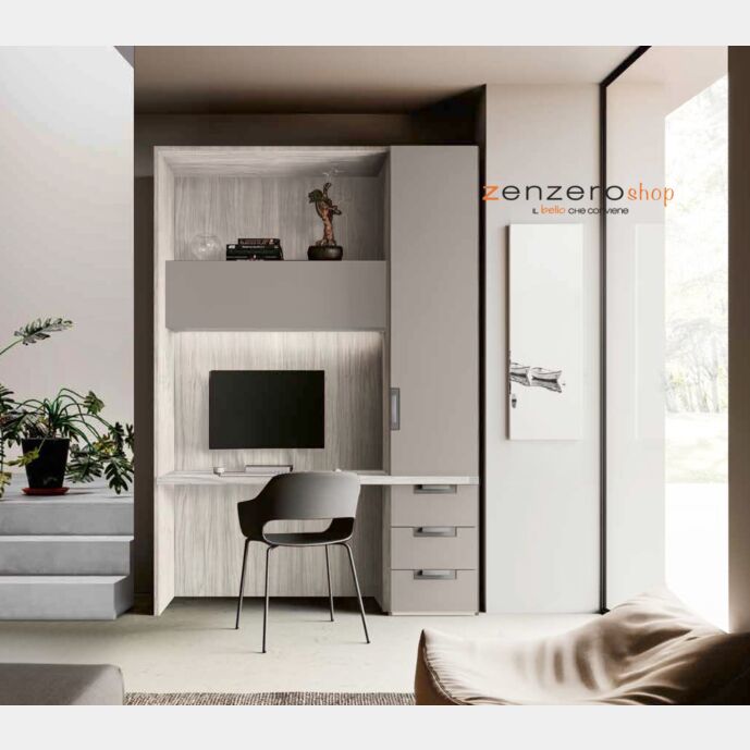 Zona studio moderna in Bianco altea e Grigio seta