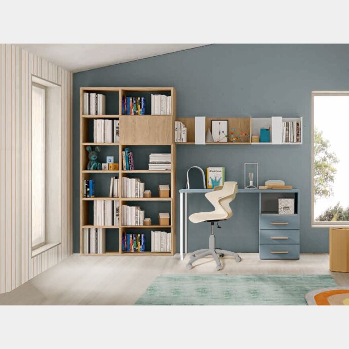 Zona studio moderna camerette, finitura Cadaques, Royal oak e Cemento artico