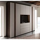 Armadio con vano Tv, 6 ante battenti e 3 cassetti in Grigio seta e Noce moro