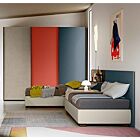 Cameretta con due letti e armadio scorrevole, finitura Corallo, Petrolio e Argilla