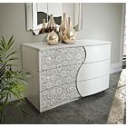 Comò stile contemporaneo con 3 cassetti, bianco con inserti floreali