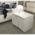 Comodino stile contemporaneo con 2 cassetti, bianco con inserti floreali