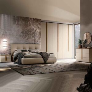 Camera con armadio battente e letto contenitore, Orzo e Noce biondo