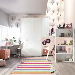 Cameretta con soppalco angolare, finitura Bianco frassino, Peonia e Rosa antico