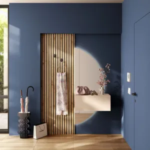 Ingresso moderno con boiserie, specchiera mezza luna Moon, ribalta, Cashmere e Cadiz cannettato