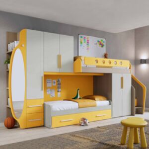 Soppalco per camerette con due posti letto, finitura Nebbia, Rovere ambra e Girasole