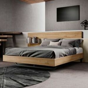 Letto matrimoniale con testiera in noce biondo e inserto tessuto panna, piedini in ferro