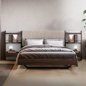 Letto matrimoniale Ester, finitura Noce moro e Grigio seta con testata tessuto Grigio