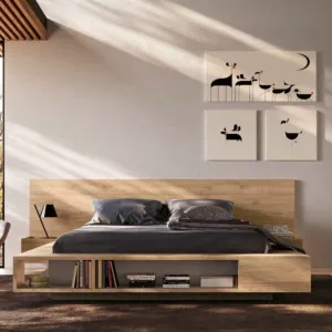 Letto matrimoniale con librerie integrate, , 160x190, Noce biondo e Bronzo