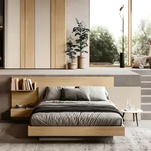 Letto matrimoniale contenitore, Orzo e Noce biondo, testiera riducibile