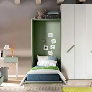 Letto salvaspazio verticale, a scomparsa in finitura Salvia