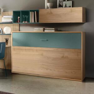 Letto trasformabile una piazza e mezza Noce biondo e Verde salvia a scomparsa, orizzontale