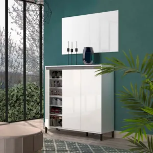 Madia moderna a 3 ante, Bianca lucida con dettaglio Ardesia