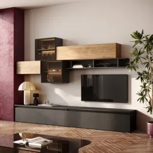 Parete attrezzata con pensili ante vetro,Lava e Cadiz, L.276