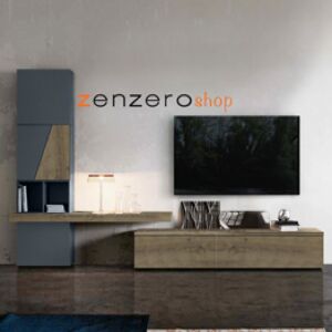 Parete attrezzata in finitura petrolio e rovere tabacco