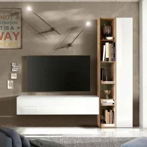 Aggiungi al carrello Parete attrezzata 195x30x186 h cm, Bianco lucido e Cadiz, collezione Logica