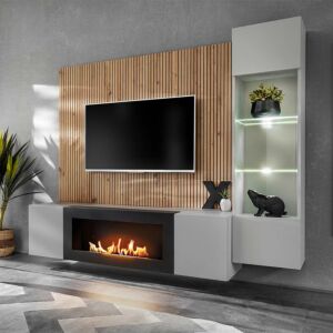 parete attrezzata grigio perla e artisan oak