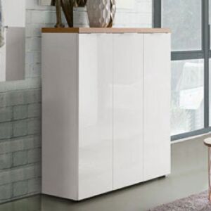 Scarpiera 3 ante, Bianco laccato lucido e Castagno, pronta consegna