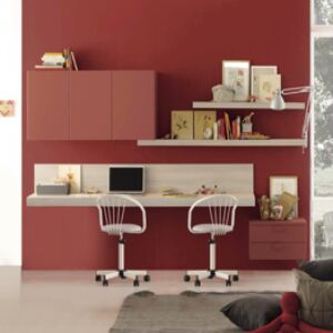 Scrivania sospesa doppia postazione con cassettiera, finitura Ciliegio bianco e Corallo